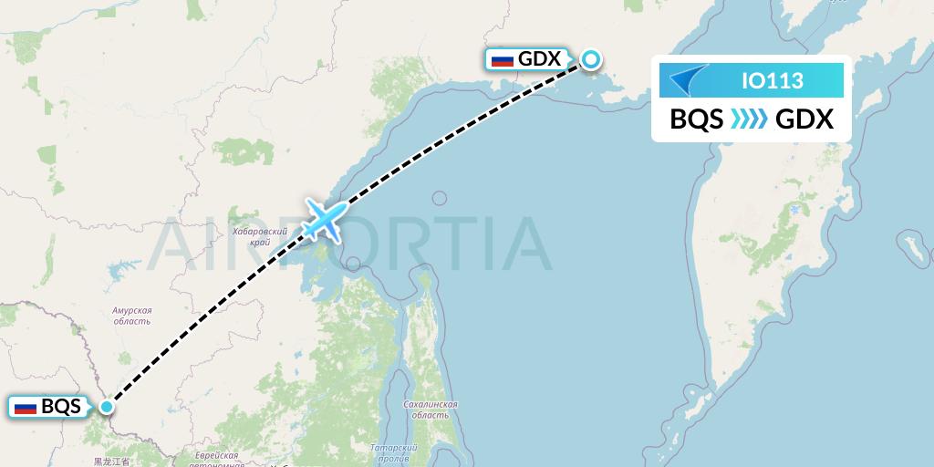 IO113 IrAero Flight Map: Blagoveshchensk to Magadan