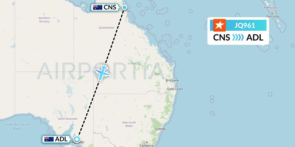 JQ961 Jetstar Airways Flight Map: Cairns to Adelaide