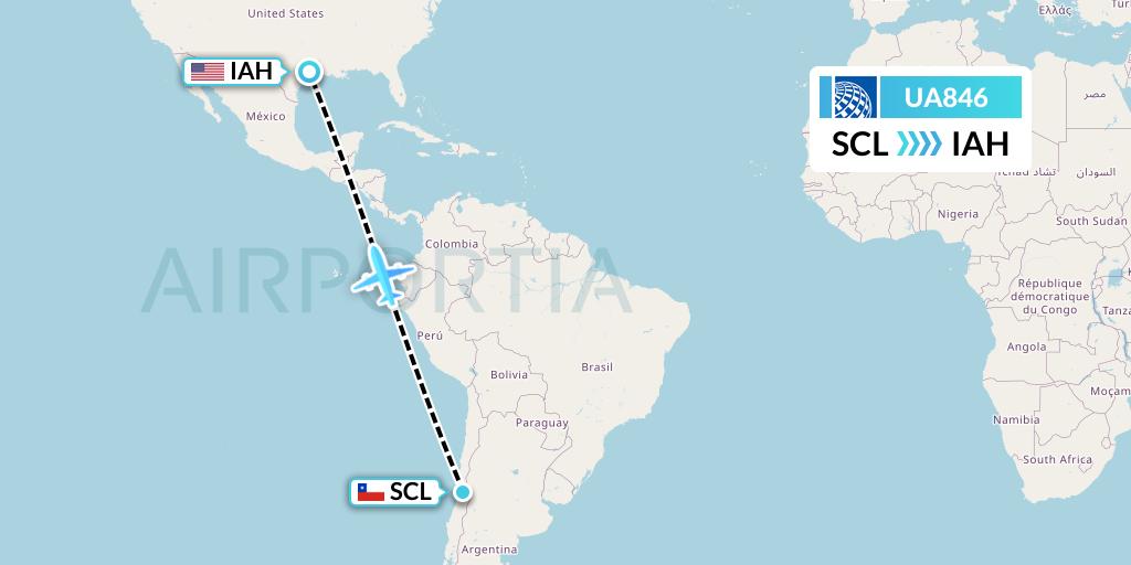 UA846 United Airlines Flight Map: Santiago to Houston