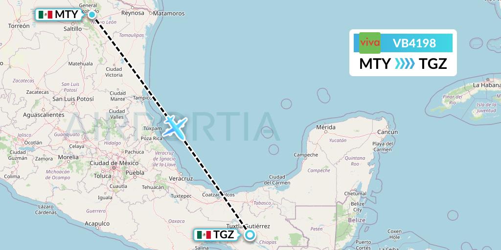 VB4198 VivaAerobus Flight Map: Monterrey to Tuxtla Gutierrez