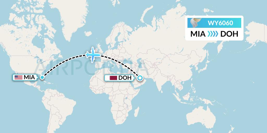 WY6060 Oman Air Flight Map: Miami to Doha
