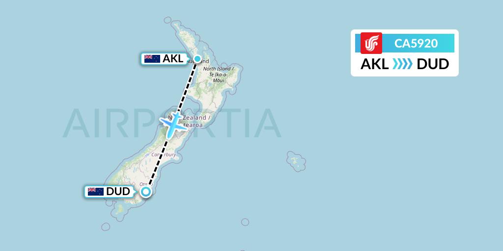 CA5920 Air China Flight Map: Auckland to Dunedin