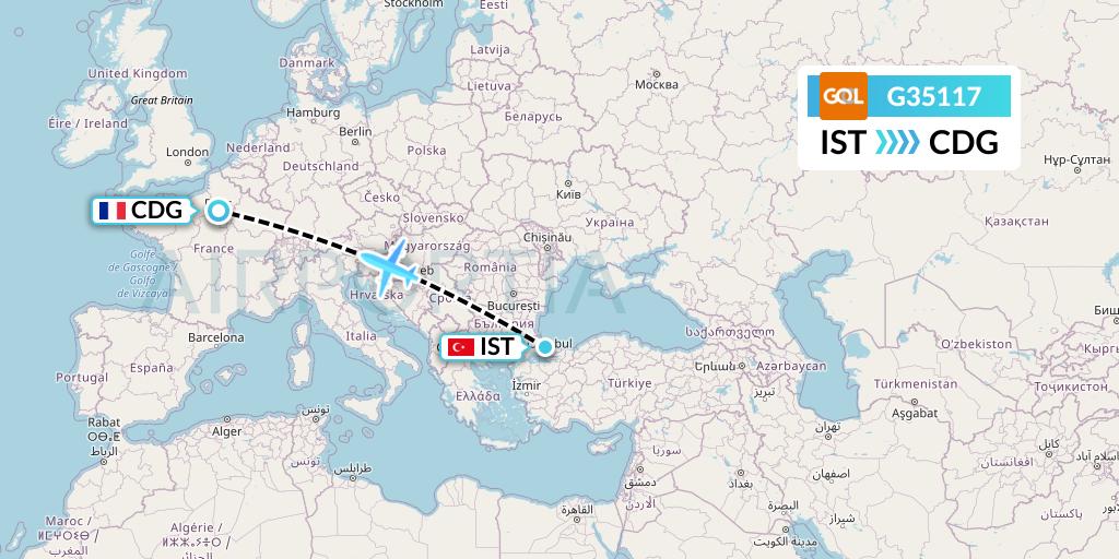 G35117 GOL Transportes Aeros Flight Map: Istanbul to Paris