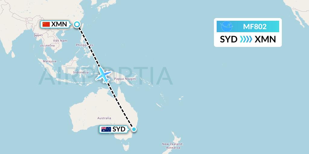 MF802 Xiamen Airlines Flight Map: Sydney to Xiamen