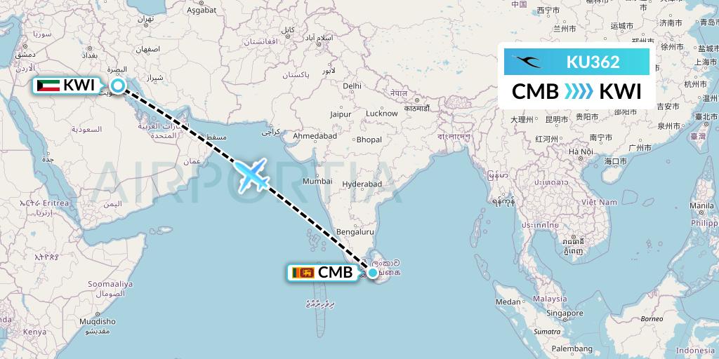 KU362 Kuwait Airways Flight Map: Colombo to Kuwait City