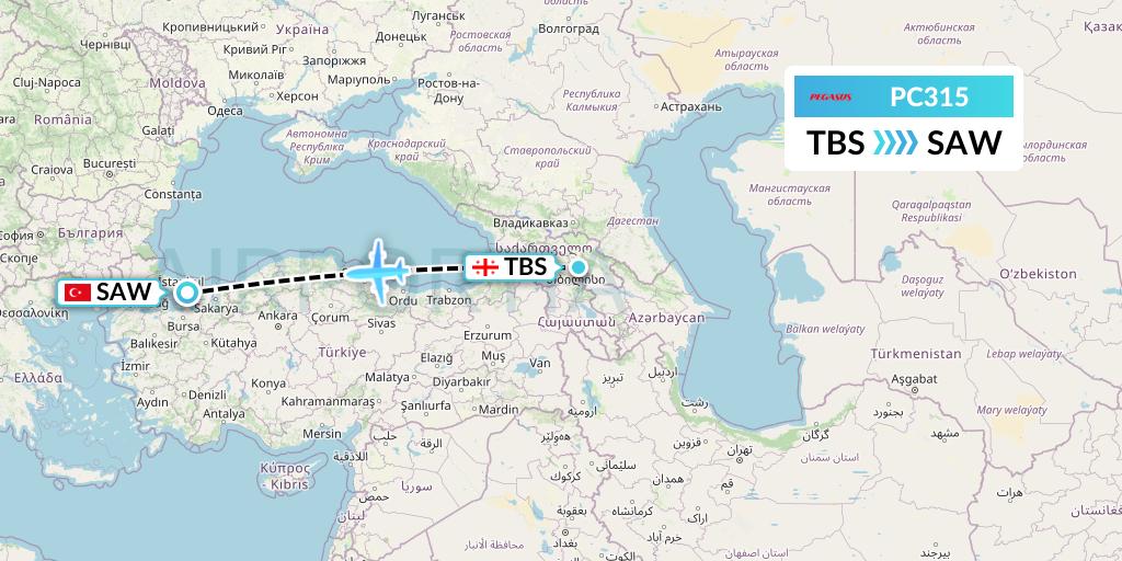 PC315 Pegasus Airlines Flight Map: Tbilisi to Istanbul