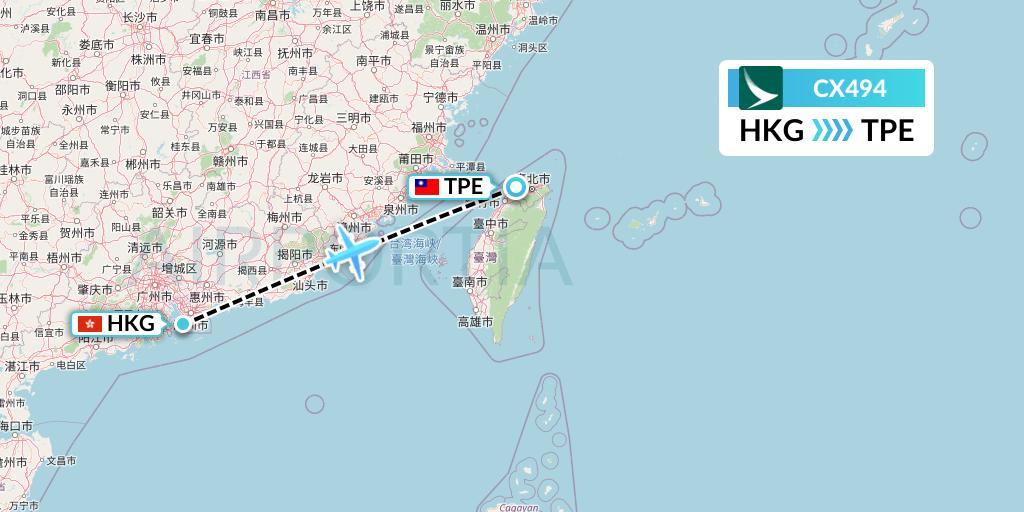 CX494 Cathay Pacific Flight Map: Hong Kong to Taipei
