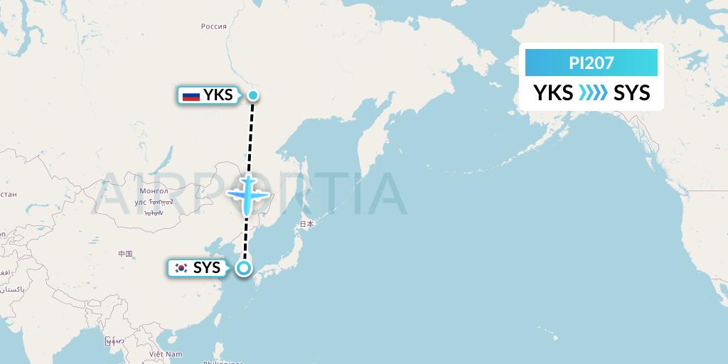 PI207 Polar Airlines Flight Map: Yakutsk to Suncheon