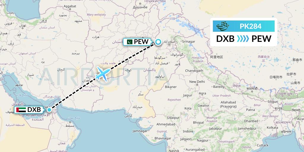 PK284 Pakistan International Airlines Flight Map: Dubai to Peshawar