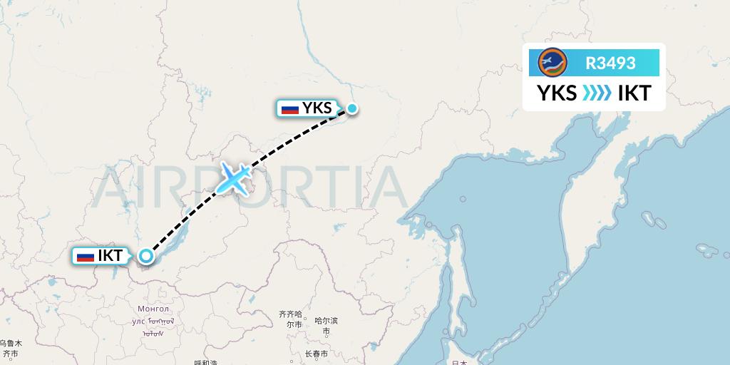 R3493 Yakutia Airlines Flight Map: Yakutsk to Irkutsk