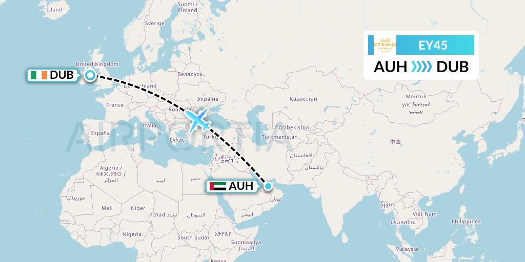 EY45 Etihad Airways Flight Map: Abu Dhabi to Dublin