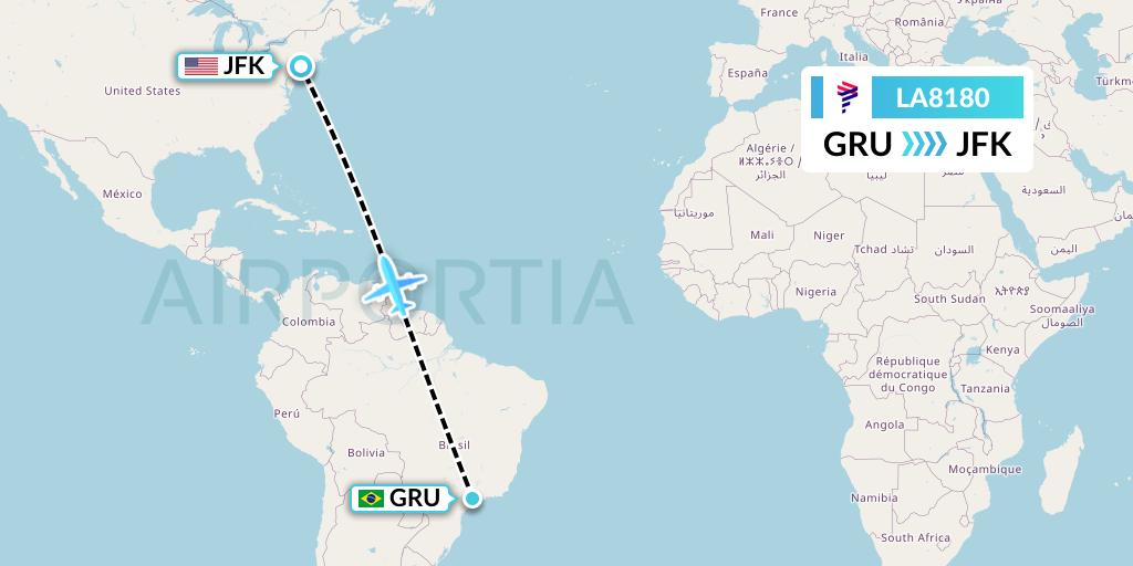 LA8180 LAN Airlines Flight Map: Sao Paulo to New York