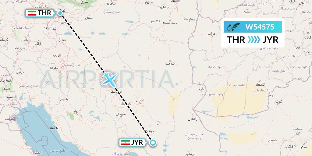W54575 Mahan Air Flight Map: Tehran to Jiroft