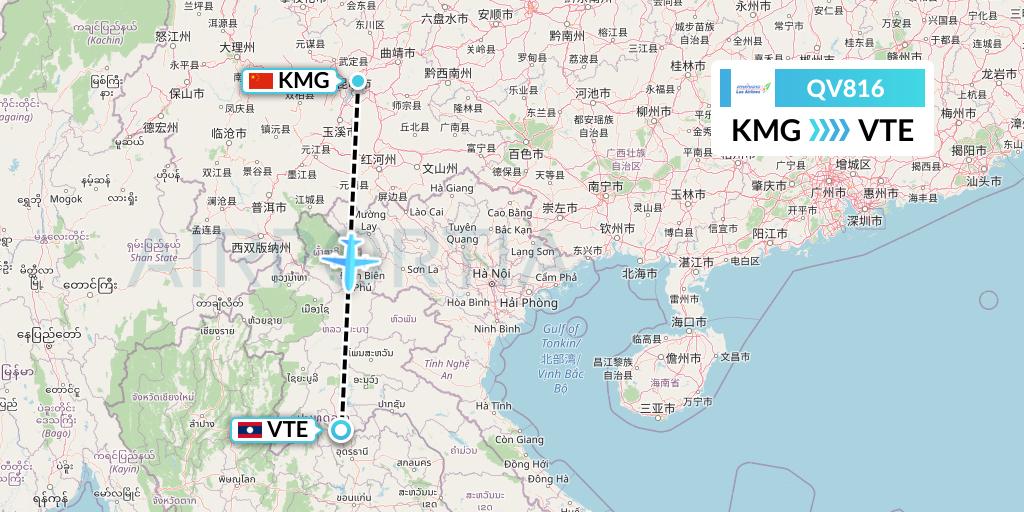 QV816 Lao Airlines Flight Map: Kunming to Vientiane