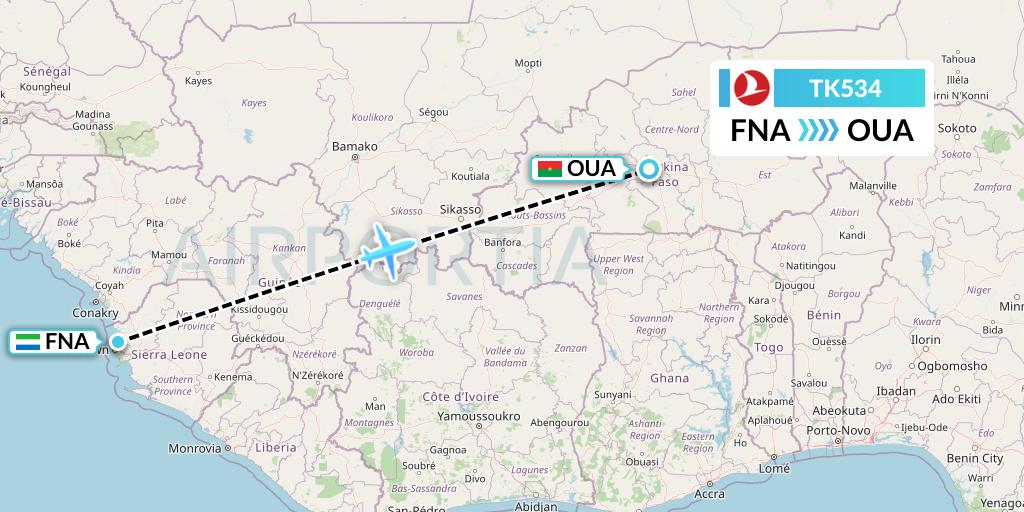 TK534 Turkish Airlines Flight Map: Freetown to Ouagadougou