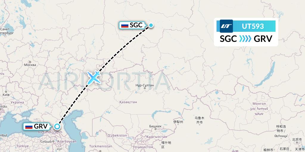 UT593 UTair Flight Map: Surgut to Grozny