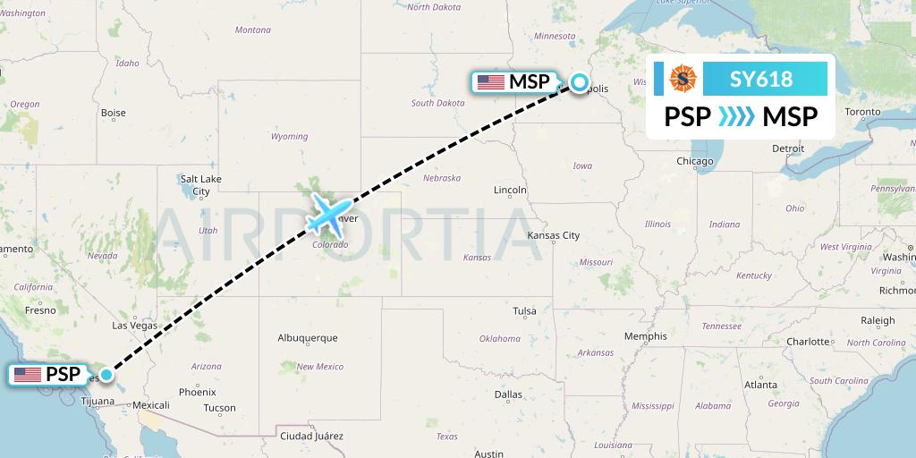 SY618 Sun Country Airlines Flight Map: Palm Springs to Minneapolis
