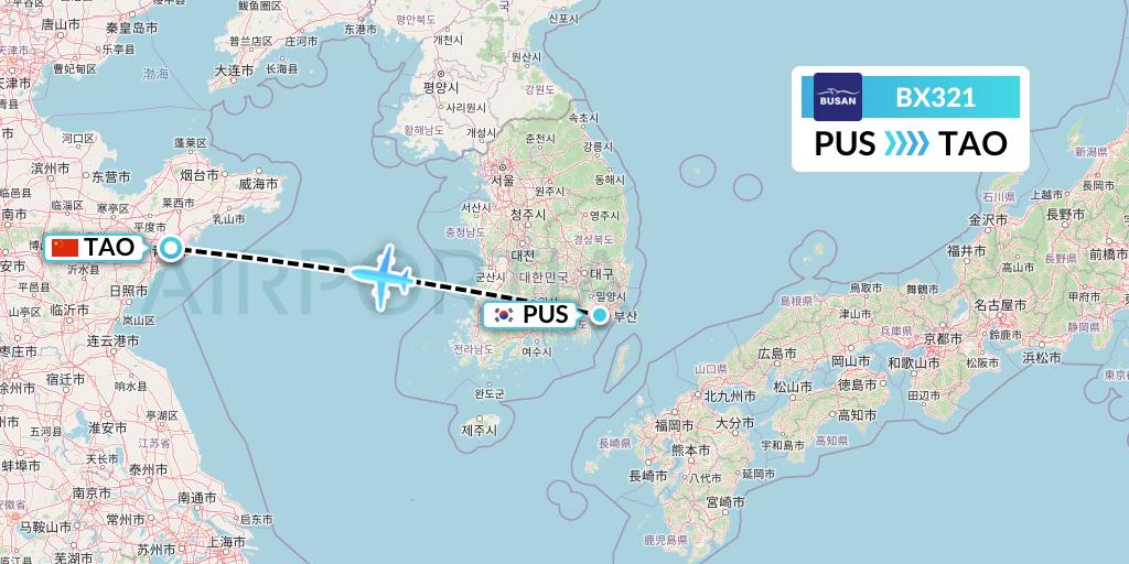 BX321 Air Busan Flight Map: Busan to Qingdao