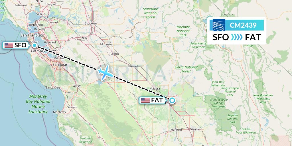 CM2439 Copa Airlines Flight Map: San Francisco to Fresno