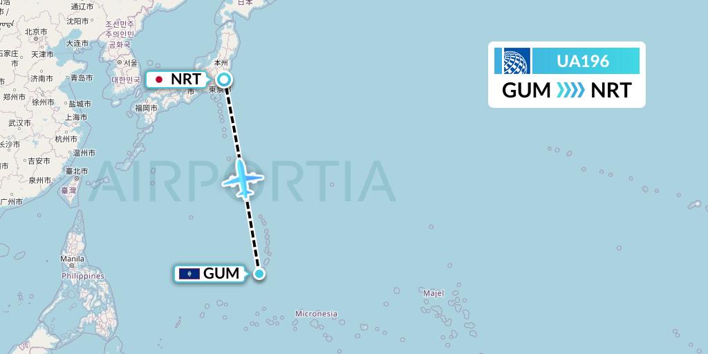 UA196 United Airlines Flight Map: Guam to Tokyo