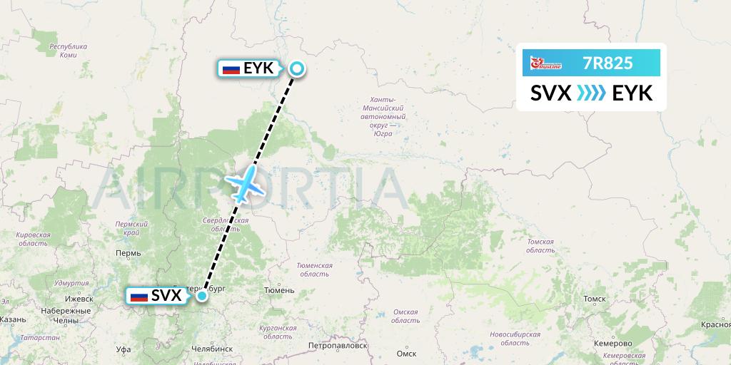 7R825 Rusline Flight Map: Yekaterinburg to Beloyarsk