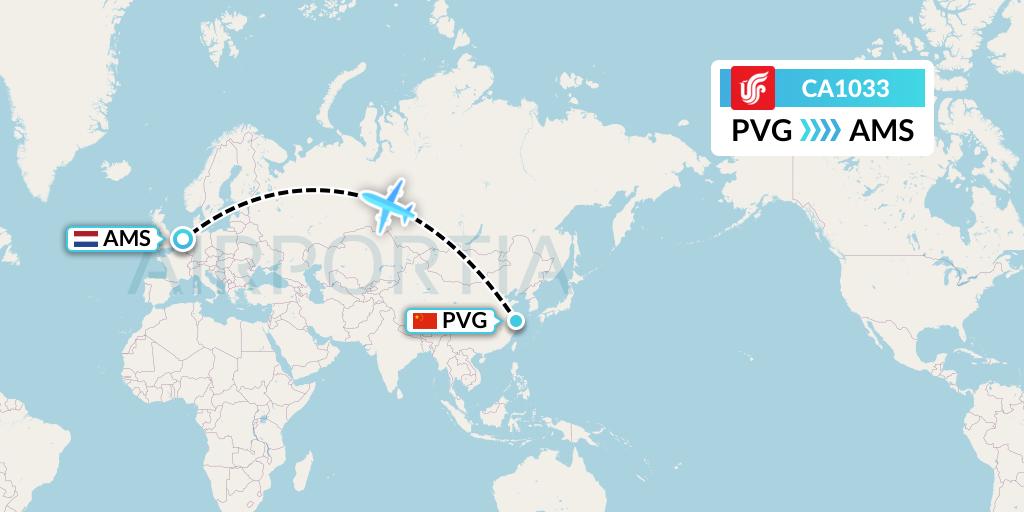 CA1033 Air China Flight Map: Shanghai to Amsterdam