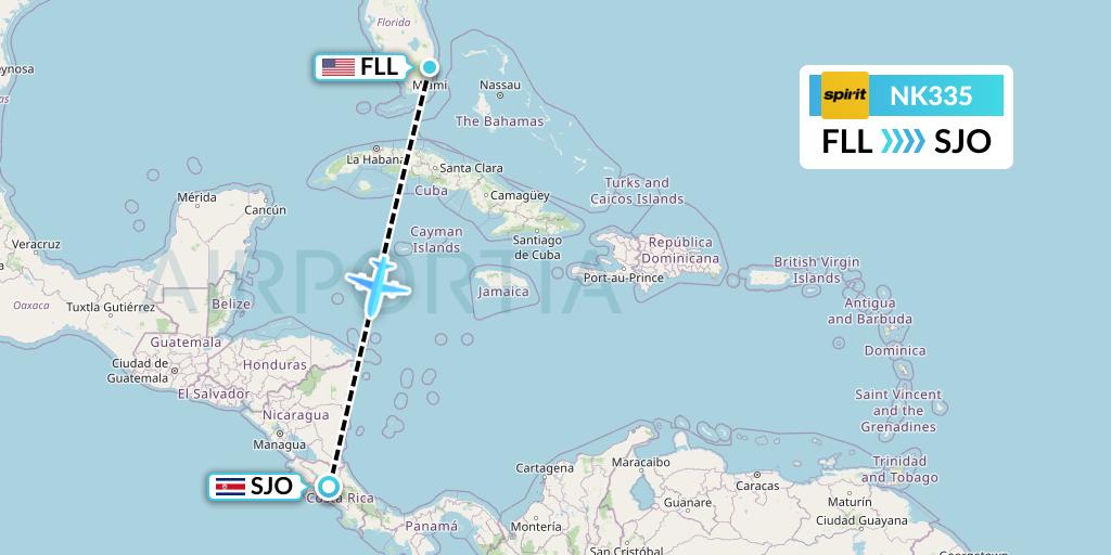 NK335 Spirit Airlines Flight Map: Fort Lauderdale to San Jose