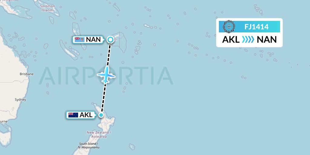 FJ1414 Fiji Airways Flight Map: Auckland to Nadi