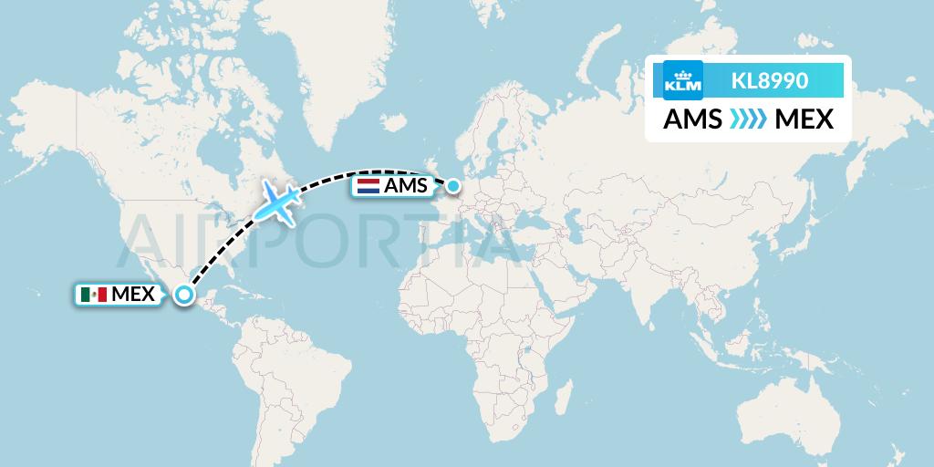 KL8990 KLM Flight Map: Amsterdam to Mexico City