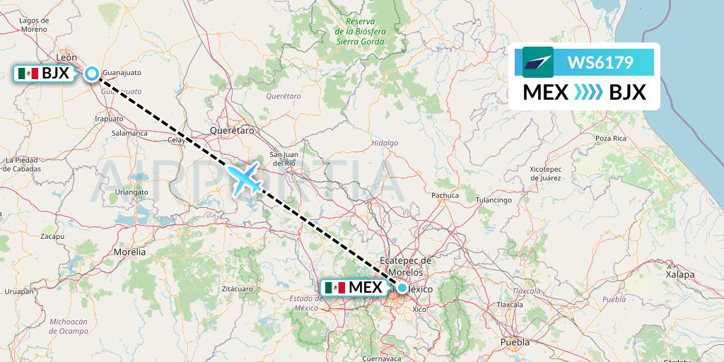 WS6179 WestJet Flight Map: Mexico City to Silao