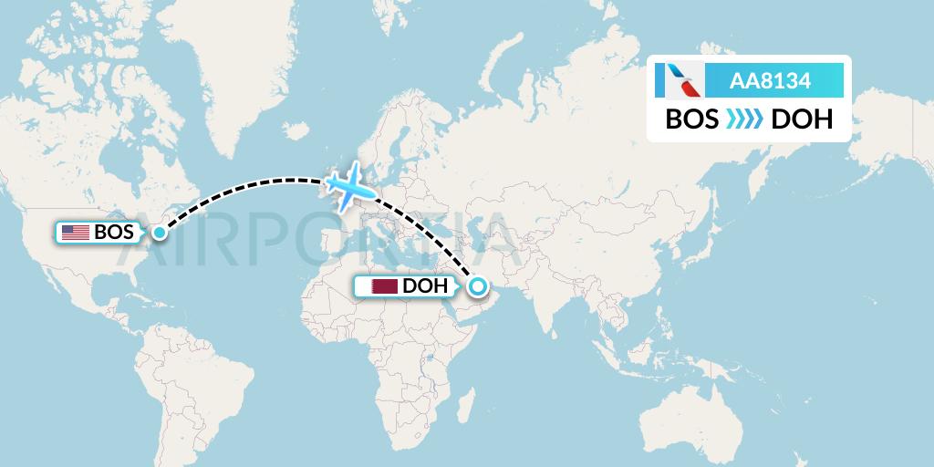 AA8134 American Airlines Flight Map: Boston to Doha