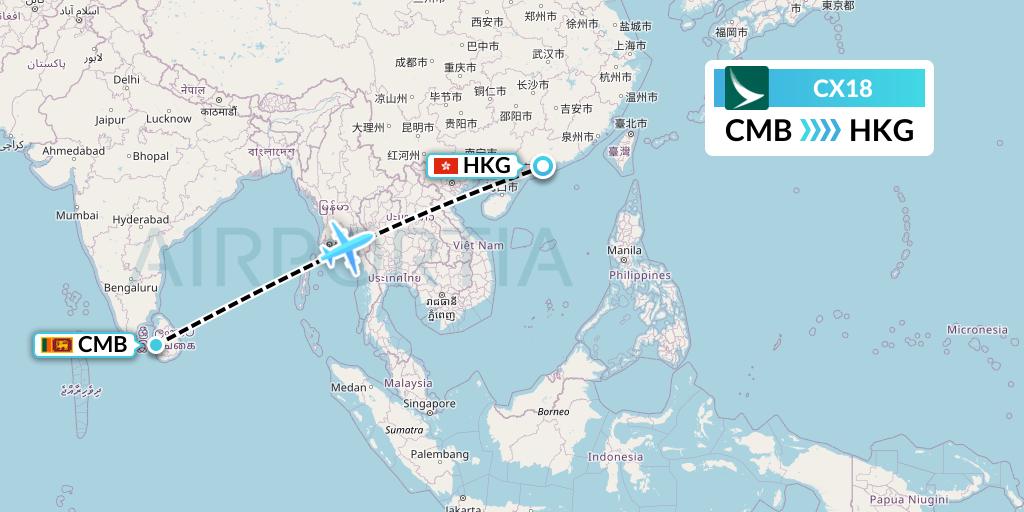 CX18 Cathay Pacific Flight Map: Colombo to Hong Kong