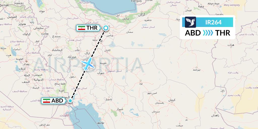IR264 Iran Air Flight Map: Abadan to Tehran