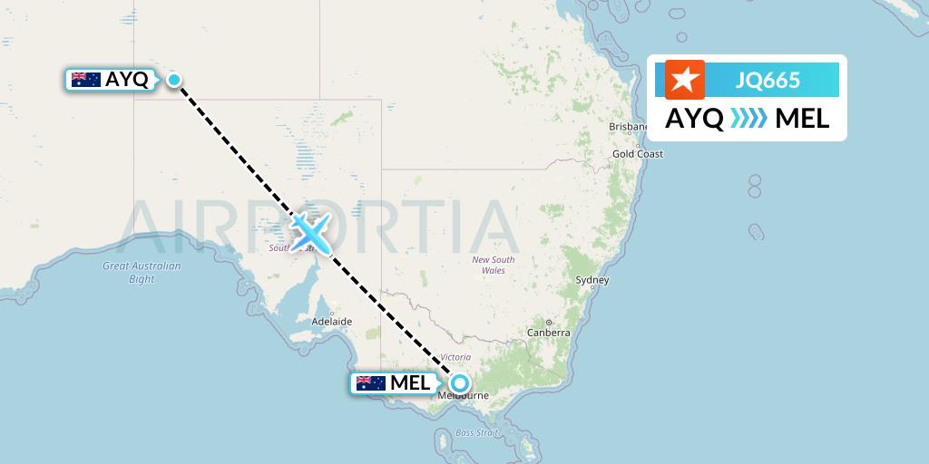 JQ665 Jetstar Airways Flight Map: Ayers Rock to Melbourne