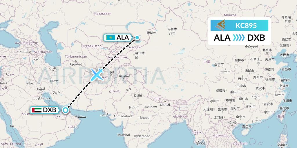 KC895 Air Astana Flight Map: Almaty to Dubai