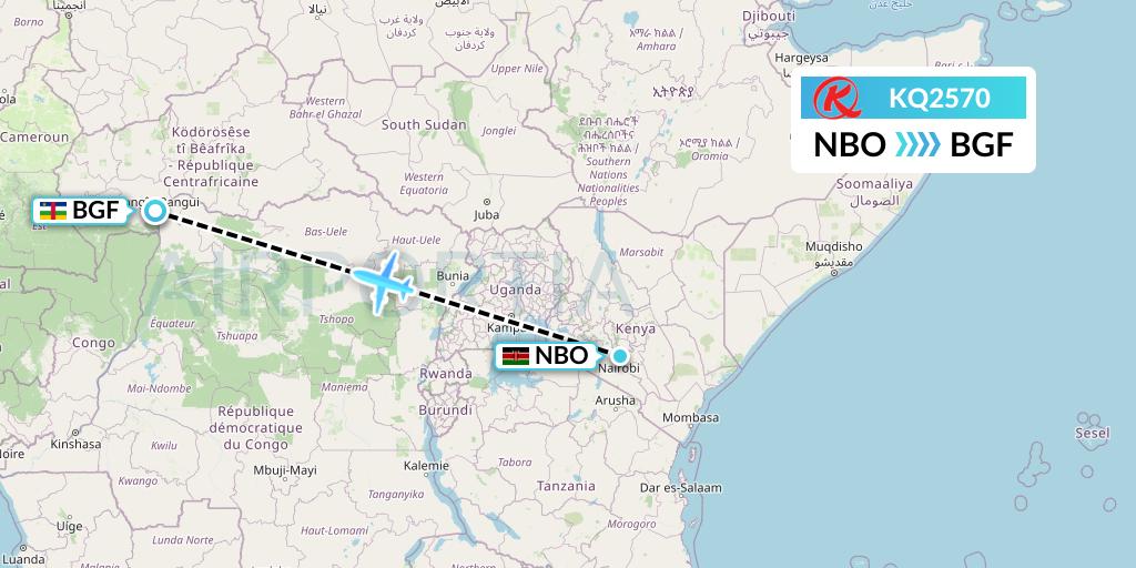 KQ2570 Kenya Airways Flight Map: Nairobi to Bangui