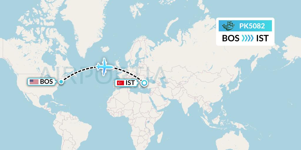 PK5082 Pakistan International Airlines Flight Map: Boston to Istanbul