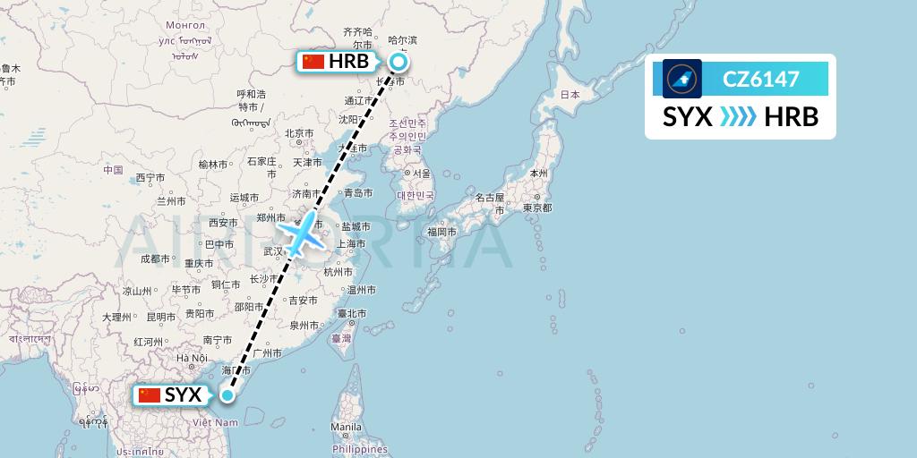 CZ6147 China Southern Airlines Flight Map: Sanya to Harbin