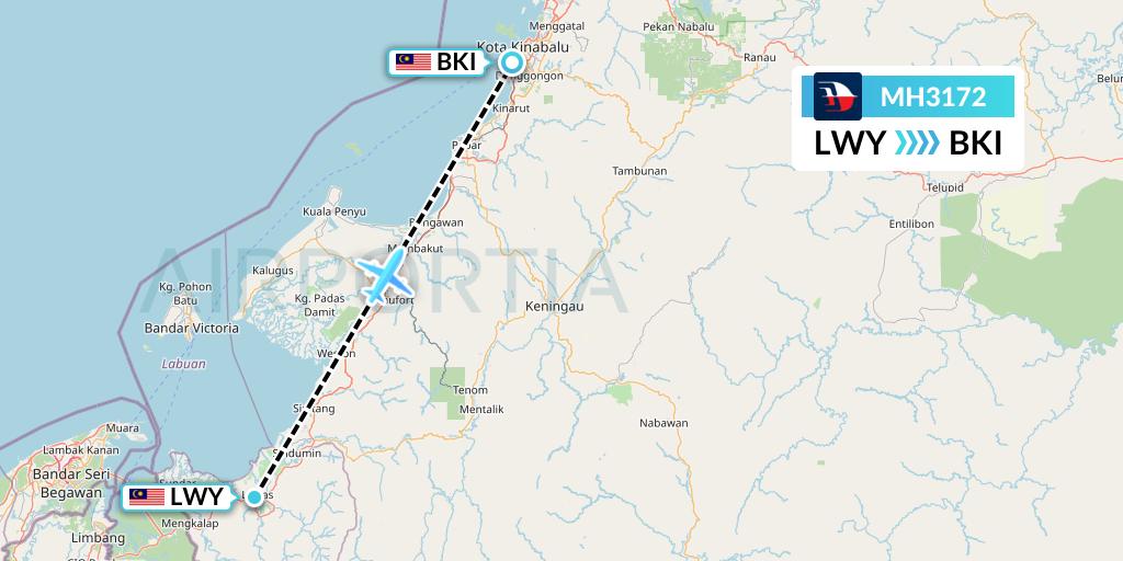 MH3172 Malaysia Airlines Flight Map: Lawas to Kota Kinabalu