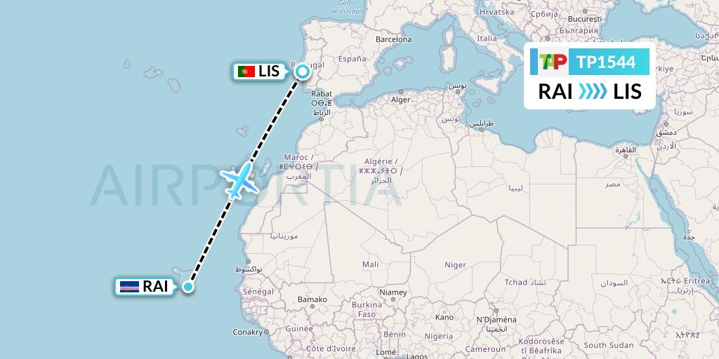 TP1544 TAP Portugal Flight Map: Praia to Lisbon