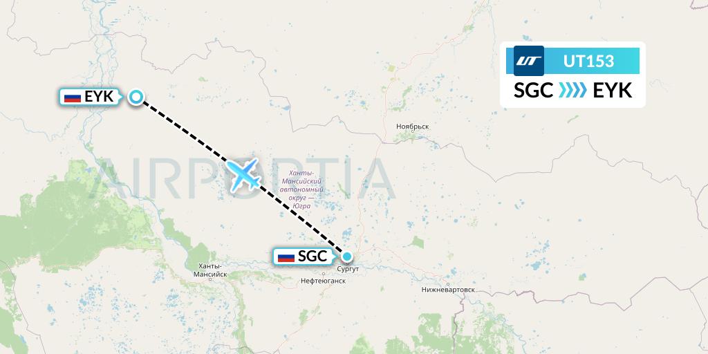 UT153 UTair Flight Map: Surgut to Beloyarsk