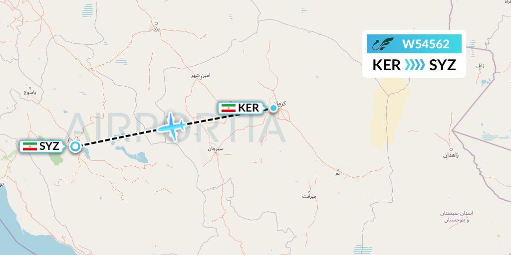 W54562 Mahan Air Flight Map: Kerman to Shiraz