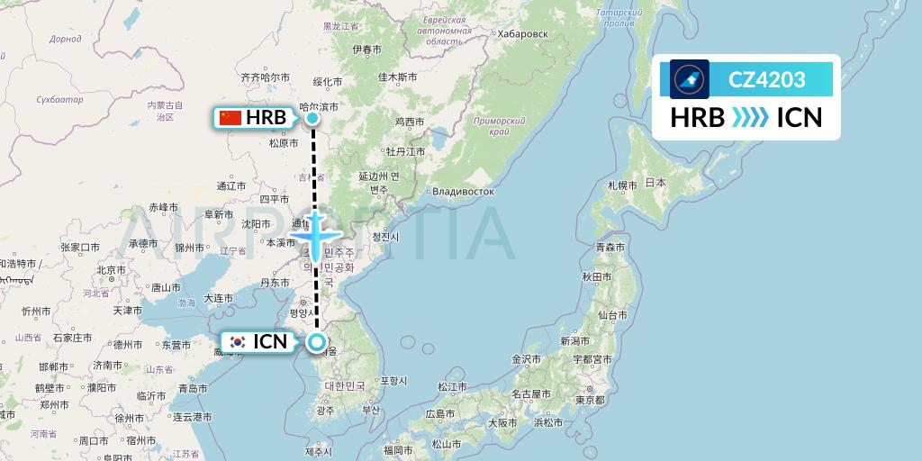CZ4203 China Southern Airlines Flight Map: Harbin to Seoul
