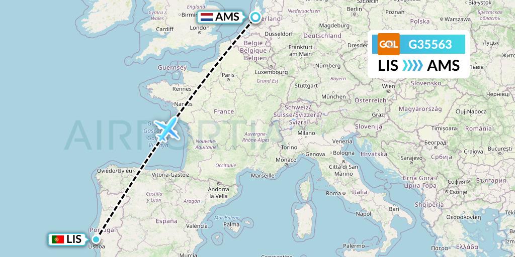 G35563 GOL Transportes Aeros Flight Map: Lisbon to Amsterdam