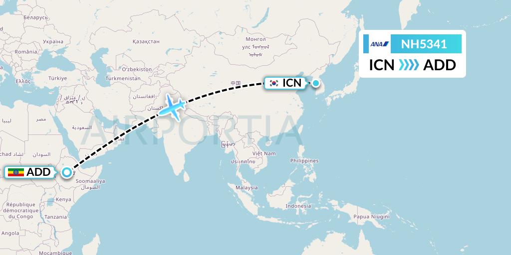 NH5341 All Nippon Airways Flight Map: Seoul to Addis Ababa