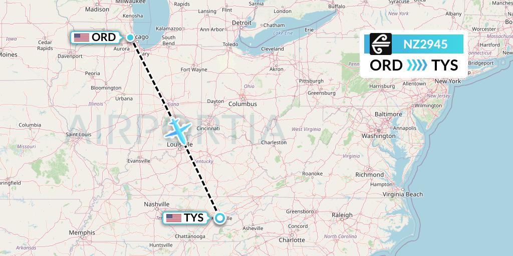 NZ2945 Air New Zealand Flight Map: Chicago to Knoxville