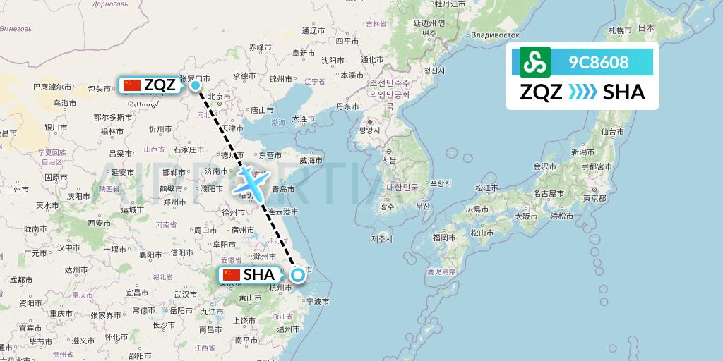 9C8608 Spring Airlines Flight Map: Zhangjiakou to Shanghai