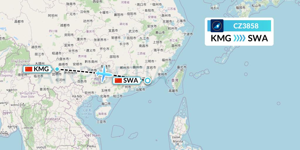 CZ3858 China Southern Airlines Flight Map: Kunming to Jieyang