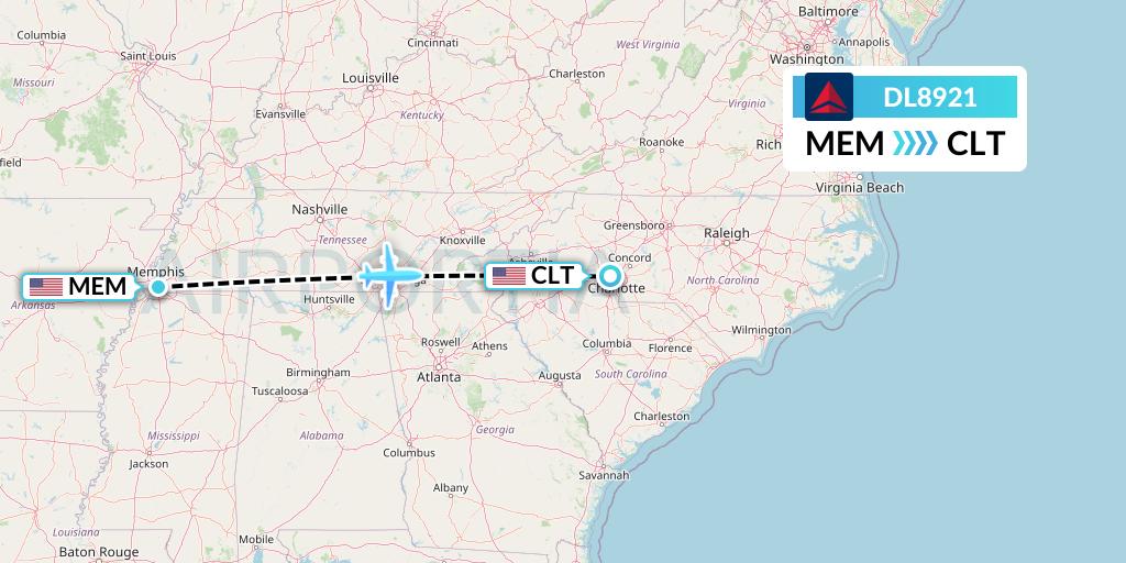 DL8921 Delta Air Lines Flight Map: Memphis to Charlotte
