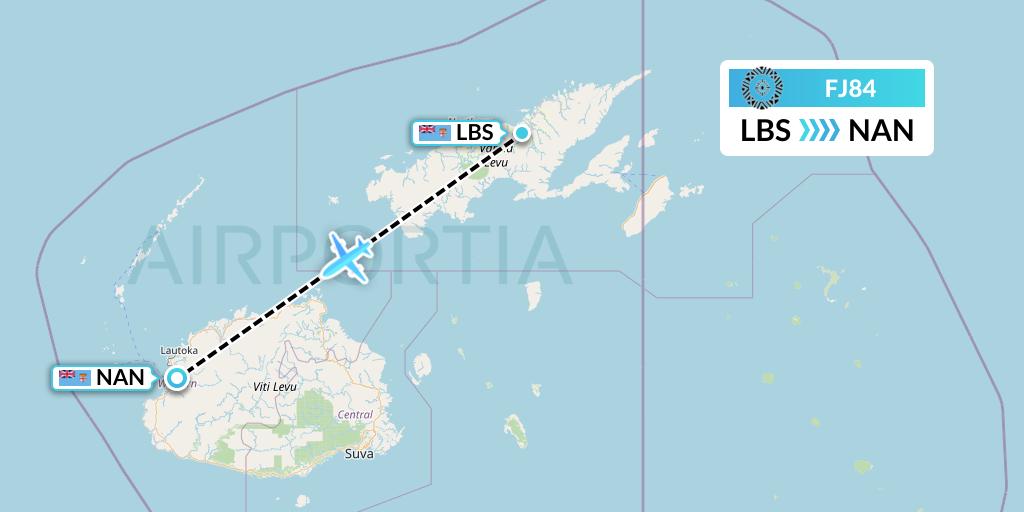 FJ84 Fiji Airways Flight Map: Labasa to Nadi